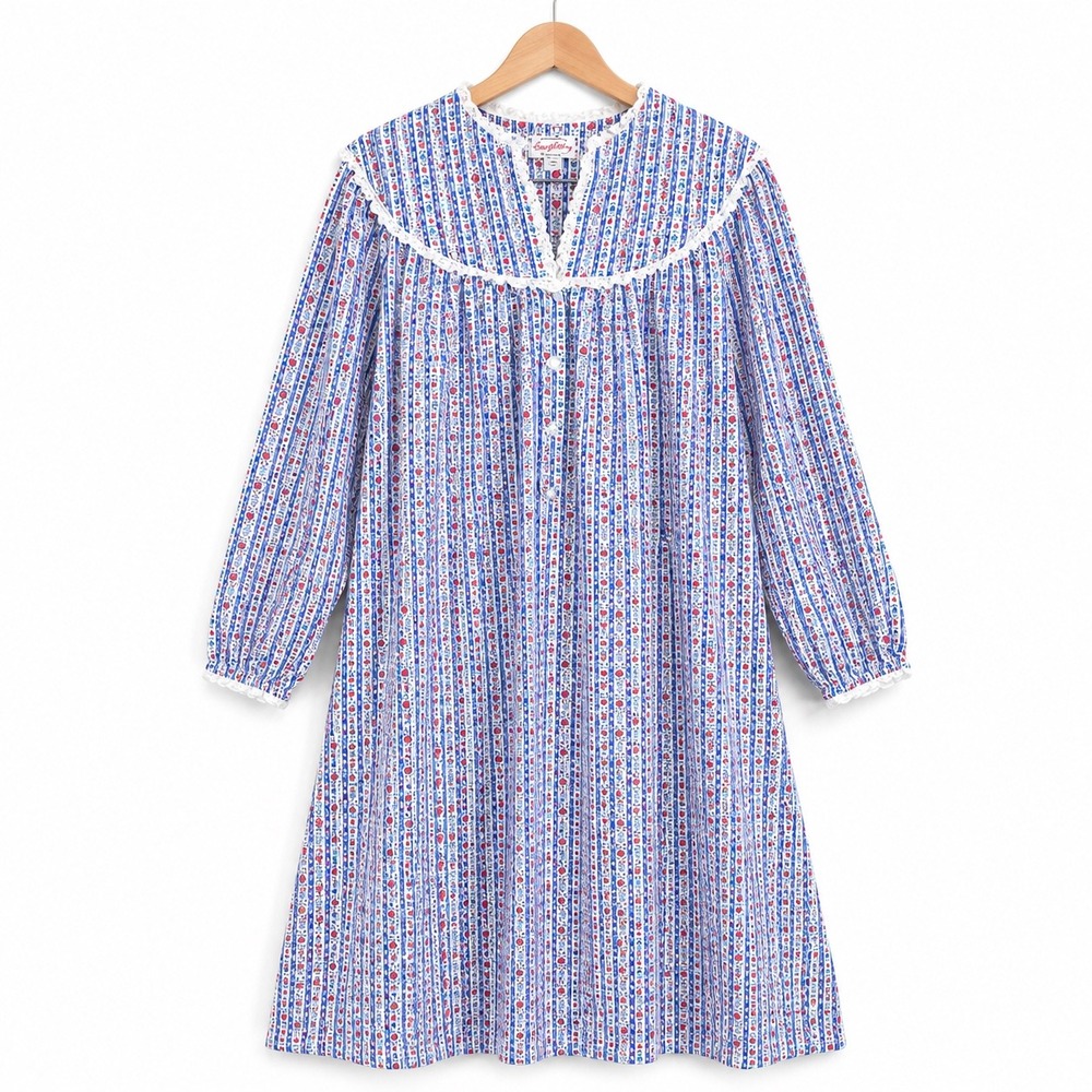 Lanz of Salzburg Flannel Nightgown Womens M Blue White Heart Floral Lace Trim